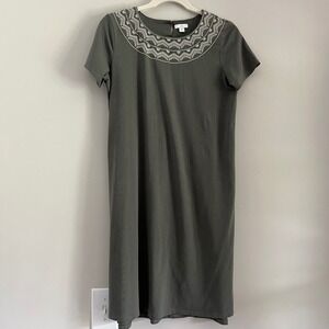JJill Womens XS Olive Green Short Sleeve Dress Embroidered Neckline Button Close
